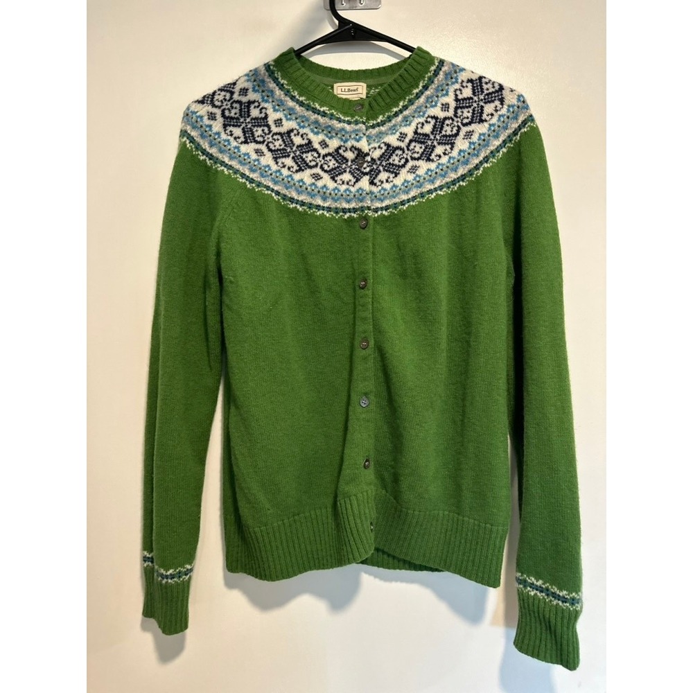 LL Bean button Cardigan Fair Isle Sz:L Y2K Green Wool Sweater Classic preppy